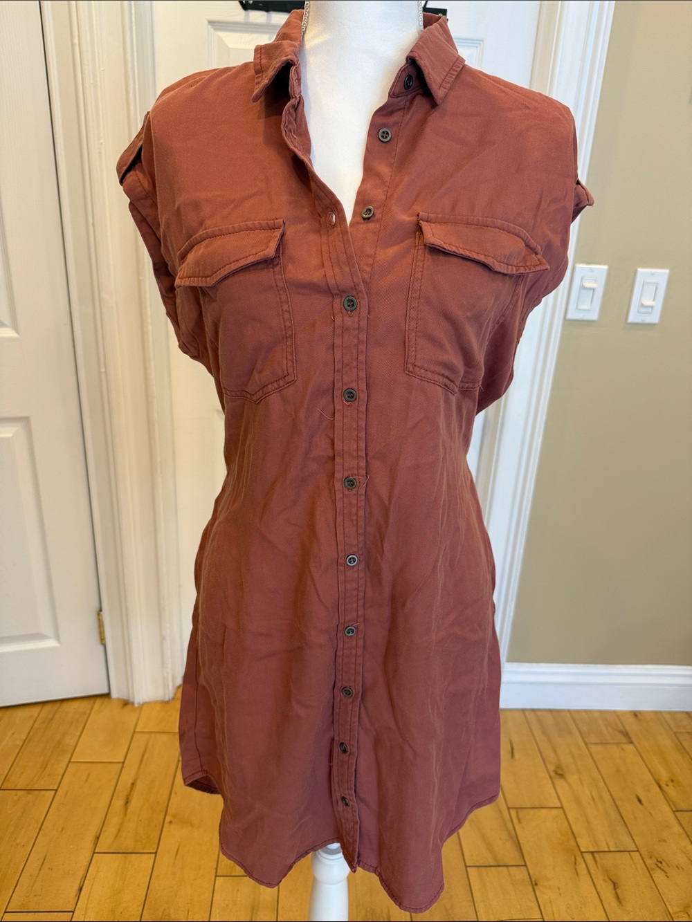 Iris Sleeveless Button-Front terra-cotta color Shirt Dress